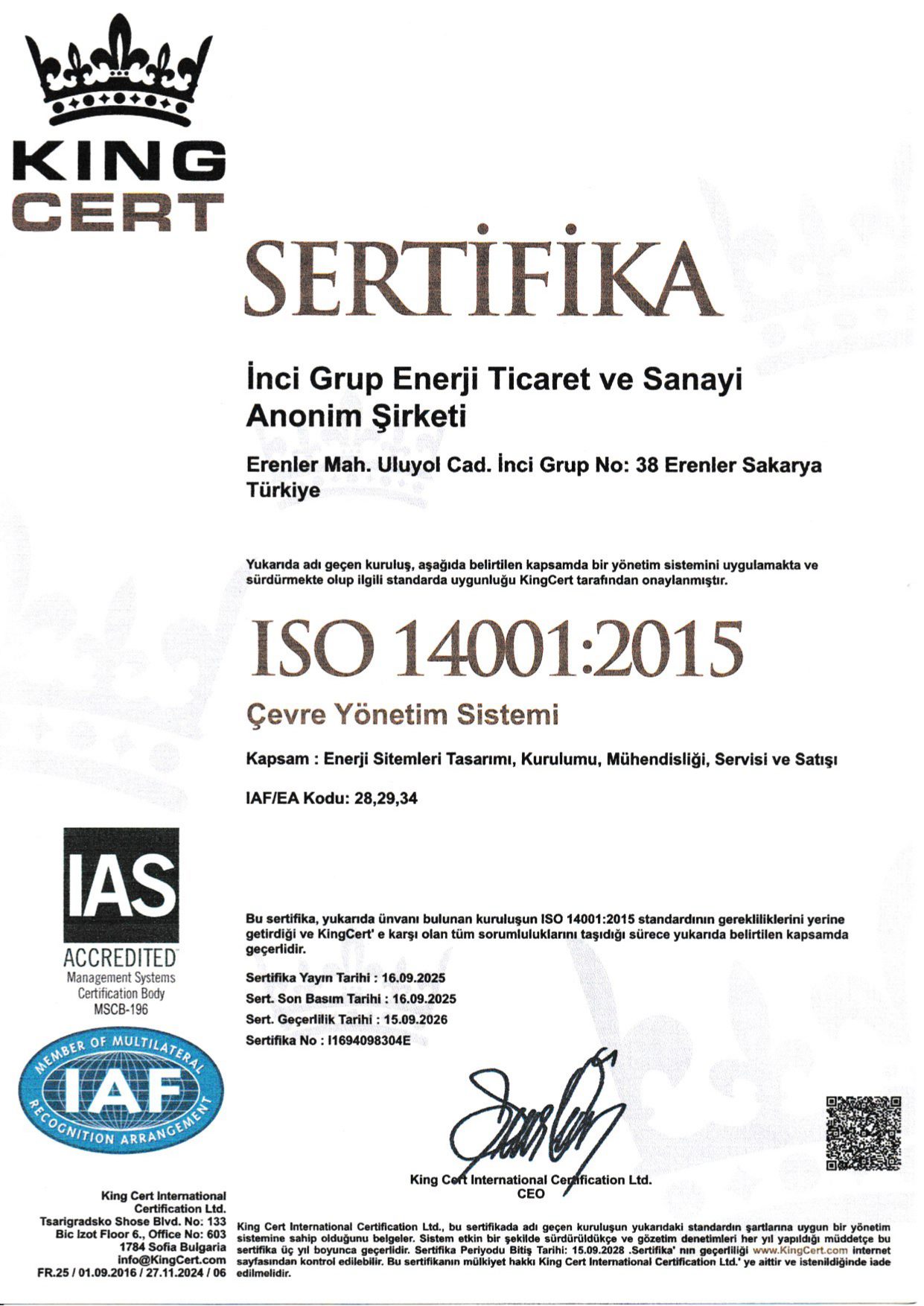 ISO 14001:2015 Türkçe Sertifika