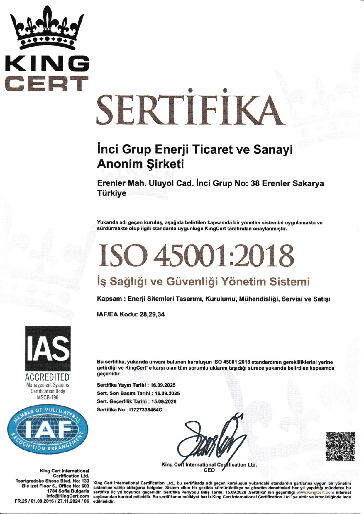 ISO 45001:2018 Türkçe Sertifika