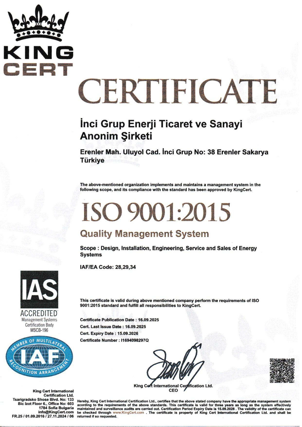 ISO 9001:2015 İngilizce Sertifika